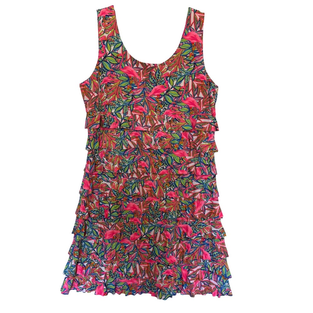 Lulu-B Cha Cha Ruffle Dress L Neon Pink Flamingo Tropical Beach Vacation - Picture 2 of 5